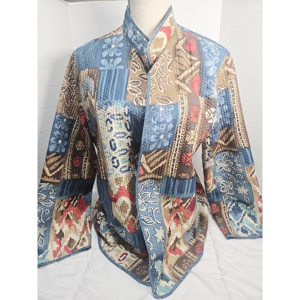 Vtg Boho 90's Plus Sz 18 Quilted Cardigan Woman Blue Flowers Indie Garden Retro